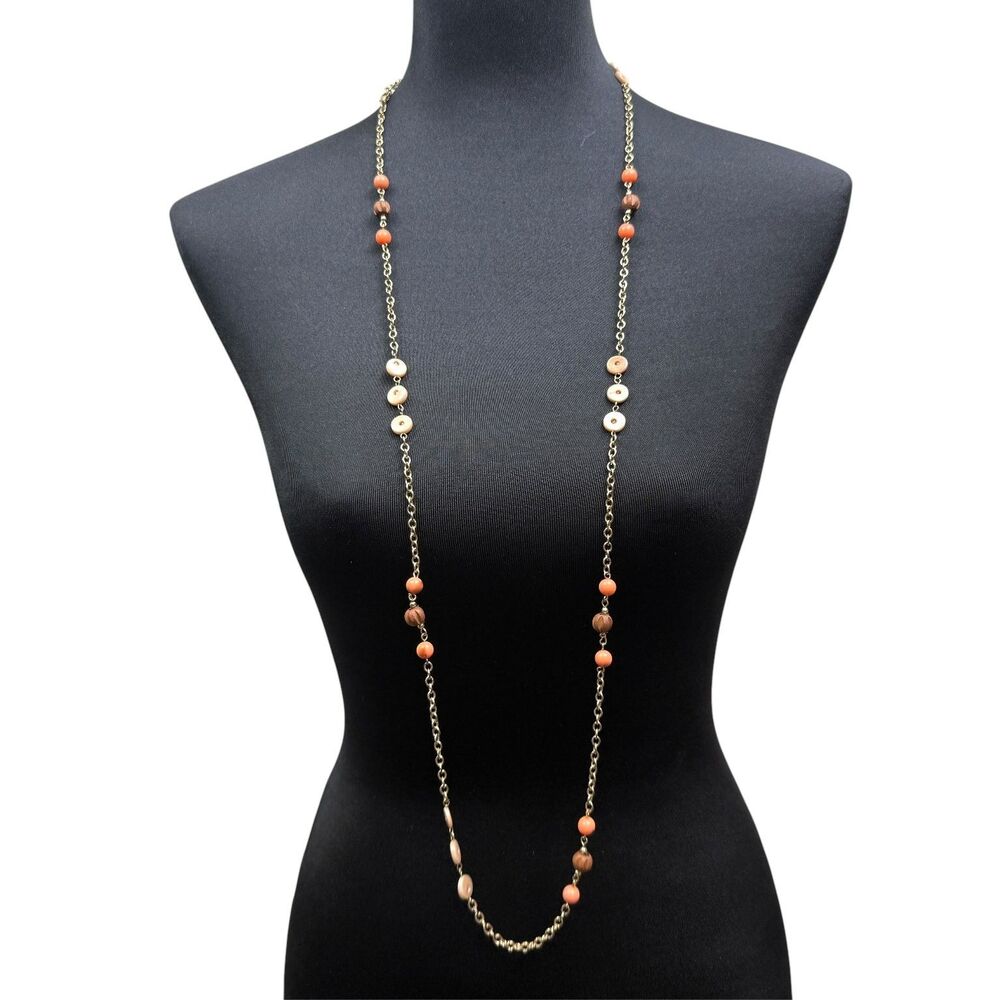 Long Gold Tone Chain Necklace Coral & Beige Beaded Stations Fashion Jewelry 43"
